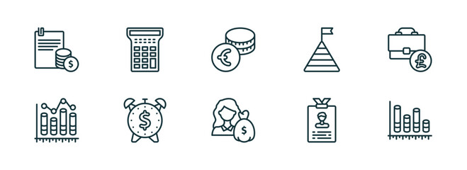 Poster - set of 10 linear icons from business concept. outline icons such as stock dealing, calculator maths tool, euro coins stack, woman with dollar bill, identity card, bars graphic vector
