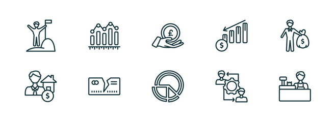 Poster - set of 10 linear icons from business concept. outline icons such as success man, measure success, pound coin on hands, pie chart file, rearrange, supermarket cashier vector