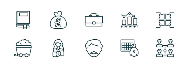 Poster - set of 10 linear icons from business concept. outline icons such as story, pounds money bag, bussines briefcase, man with moustach, economy games, increase team work vector