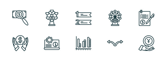 Poster - set of 10 linear icons from business concept. outline icons such as dollar business search, big ferris wheel, numbered information, dual chart, two way arrows, yen coin on hands vector