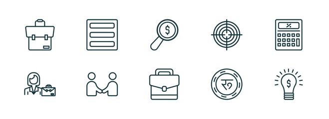 Poster - set of 10 linear icons from business concept. outline icons such as briefcase, basic burger, money finder, business briefcase, nepalese, ideas to earn money vector