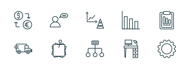 Poster - set of 10 linear icons from business concept. outline icons such as currency exchange, man talking, graphs, structure, work table, tool button vector