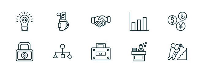 Poster - set of 10 linear icons from business concept. outline icons such as strategic, golf sticks, cooperate, rectangular briefcase, sleepy worker at work, worker digging a hole vector