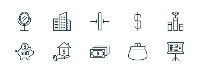 Poster - set of 10 linear icons from business concept. outline icons such as hair salon, corporation, thin, dollar bills, coin purse, graphic panel vector