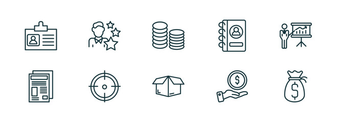 Poster - set of 10 linear icons from business concept. outline icons such as journalist id card, expert, stack of gold, empty box, give money, money sack vector