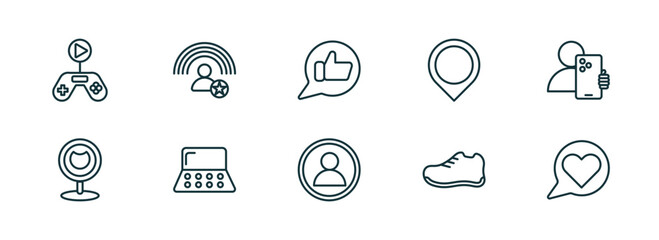 Poster - set of 10 linear icons from blogger and influencer concept. outline icons such as gameplay, influencer, likes, profile, sport shoe, like vector