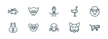 Set Of 10 Linear Icons From Animals Concept. Outline Icons Such As Perch, Siberian Husky, Squid, Mole, Wolf, Cow Vector