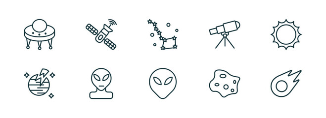 Poster - set of 10 linear icons from astronomy concept. outline icons such as big ufo, space station, ursa major, extraterrestial head, asteroid, comet vector