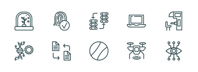 Poster - set of 10 linear icons from artificial intellegence concept. outline icons such as artificial atmosphere, biometrics, data transfer, ball, unmanned aerial vehicle, bionic eye vector