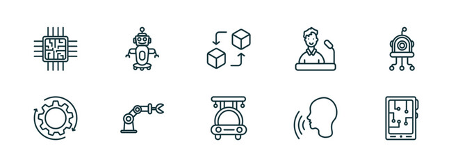 Poster - set of 10 linear icons from artificial intellegence concept. outline icons such as chip, robot assistant, replacement, high speed tube, voice recognition, mobile flexible display vector