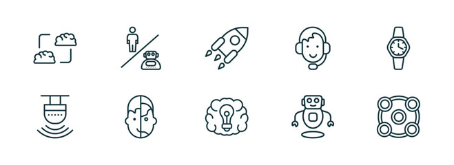 Poster - set of 10 linear icons from artificial intellegence concept. outline icons such as mind transfer, robots and humans, rocket, future brain, robots, ar camera vector