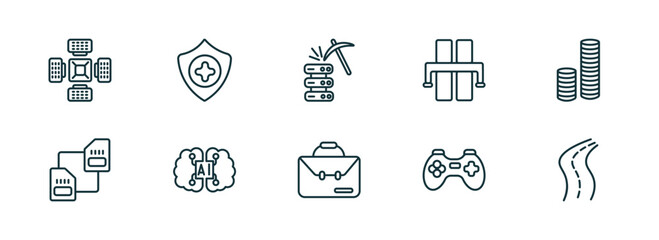 Poster - set of 10 linear icons from artificial intellegence concept. outline icons such as nano sensor, healthcare, data mining, business, gaming, road vector