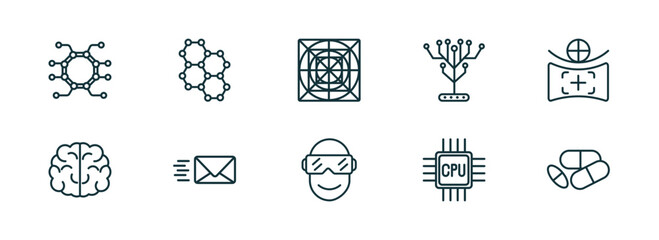 Poster - set of 10 linear icons from artificial intellegence concept. outline icons such as unsupervised learning, graphene, ai grid, oculus rift, cpu, medicine vector