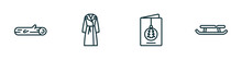 Set Of 4 Linear Icons From Winter Concept. Outline Icons Included Logs, Coat, Christmas Card, Sled Vector