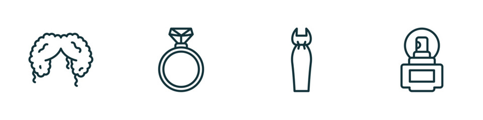 Poster - set of 4 linear icons from woman clothing concept. outline icons included curling hair, diamond ring, bottle, parfume vector