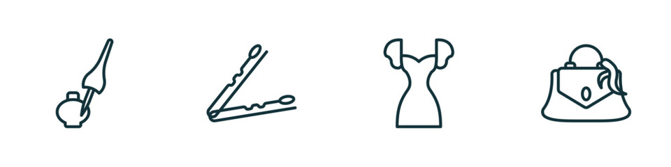 Poster - set of 4 linear icons from woman clothing concept. outline icons included liquid eyeliner, hair clip tool, female dress, handbag of female vector