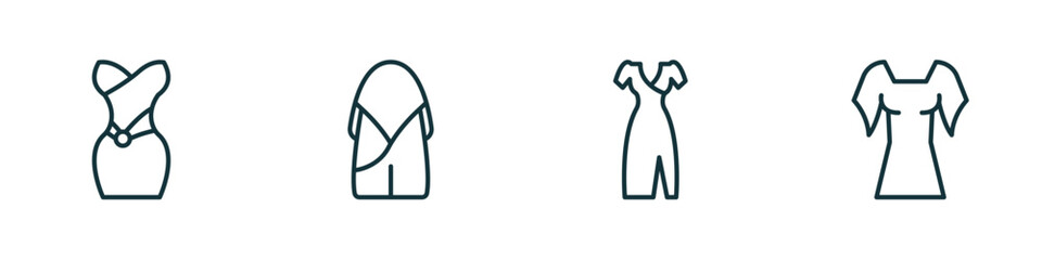 Poster - set of 4 linear icons from woman clothing concept. outline icons included strapless tube dress, hobo shoulder bag, clothes, rectangular vector