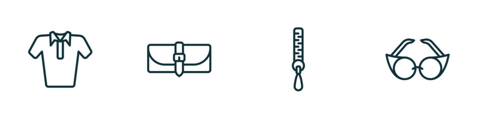 Poster - set of 4 linear icons from woman clothing concept. outline icons included polo shirt for women, female wallet, zip, eyeglasses vector