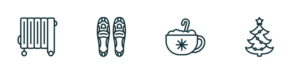 Poster - set of 4 linear icons from winter concept. outline icons included heater, snowshoes, hot drink, chri