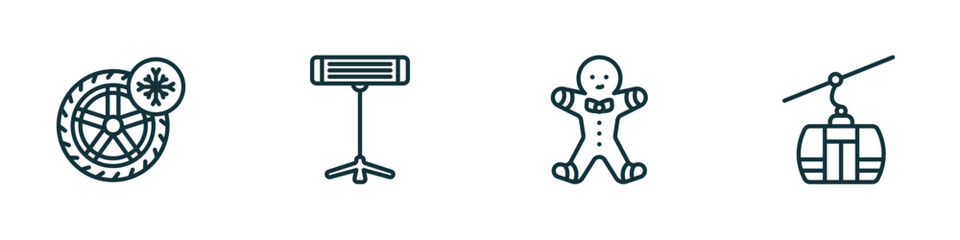 Poster - set of 4 linear icons from winter concept. outline icons included winter tire, electric heater, gingerbread man, ski lift vector