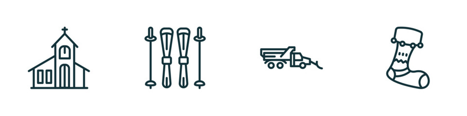 set of 4 linear icons from winter concept. outline icons included chapel, ski equiptment, snowplow, christmas sock vector