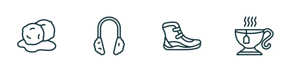 Poster - set of 4 linear icons from winter concept. outline icons included snow ball, earmuffs, winter boots, hot tea vector