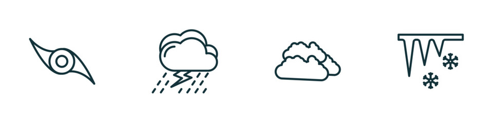 Poster - set of 4 linear icons from weather concept. outline icons included tropical storm, thunderstorm, clouds, icicle vector