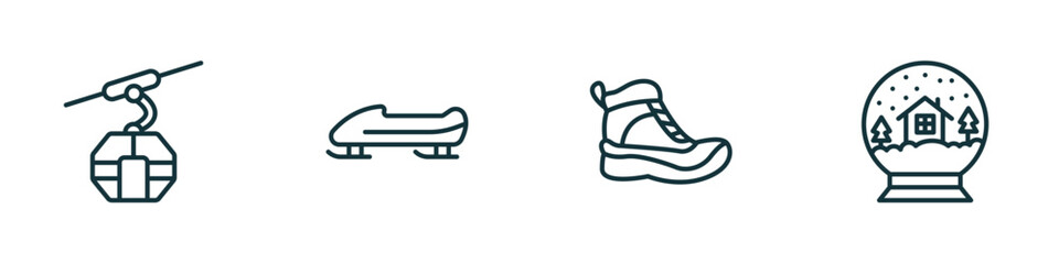 Poster - set of 4 linear icons from winter concept. outline icons included cable car cabin, bobsled, snow boot, snow globe vector
