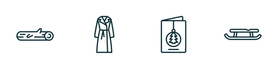 Poster - set of 4 linear icons from winter concept. outline icons included logs, coat, christmas card, sled vector