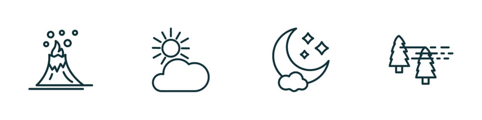 Poster - set of 4 linear icons from weather concept. outline icons included volcano, clouds and sun, night, patchy fog vector