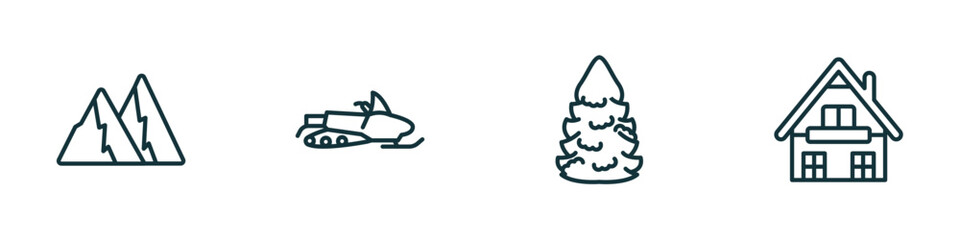 Poster - set of 4 linear icons from winter concept. outline icons included snowy mountain, snowmobile, fir, chalet vector