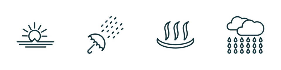 Poster - set of 4 linear icons from weather concept. outline icons included sunrise, sprinkle weather, warm, rainfall vector