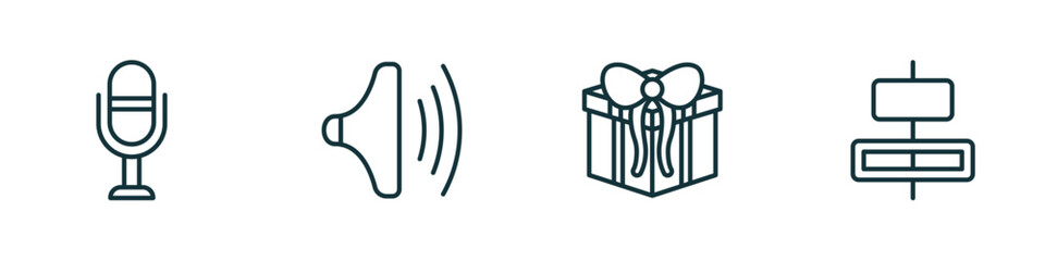 Poster - set of 4 linear icons from user interface concept. outline icons included voice recorder, high volume, giftbox, horizontal alignment vector