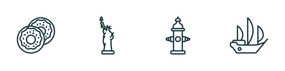Poster - set of 4 linear icons from united states of america concept. outline icons included donut, statue of liberty, fire hydrant, columbus day vector