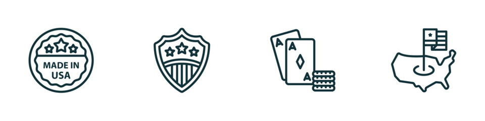 Poster - set of 4 linear icons from united states of america concept. outline icons included made in usa, usa shield, casino, united states vector