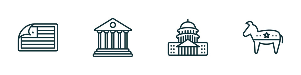 Poster - set of 4 linear icons from united states of america concept. outline icons included sticker, federalism, capitol, donkey vector