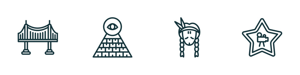 Poster - set of 4 linear icons from united states of america concept. outline icons included golden gate, pyramid, indian, movie vector