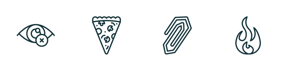 Poster - set of 4 linear icons from ultimate glyphicons concept. outline icons included private eye, pizza piece, attach rotated, round flame vector