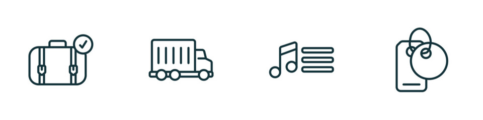 Poster - set of 4 linear icons from ultimate glyphicons concept. outline icons included suitcase with check, big cargo truck, music menu, clothes label vector
