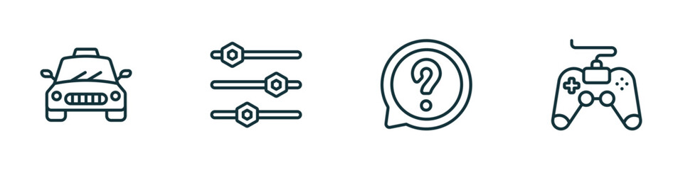 Poster - set of 4 linear icons from ultimate glyphicons concept. outline icons included taxi fron view, tings bars, question message, game controller cross vector