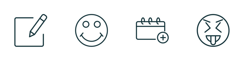 Poster - set of 4 linear icons from user interface concept. outline icons included compose, smiling smile, add event, insolent vector