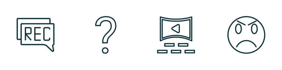 Poster - set of 4 linear icons from user interface concept. outline icons included recording conversation, question mark, cinema hall, angry smile vector