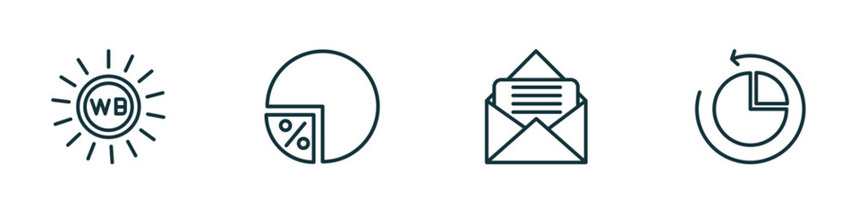 Poster - set of 4 linear icons from user interface concept. outline icons included white balance, percentage chart, letter envelope, reload pie chart vector