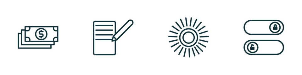 Poster - set of 4 linear icons from user interface concept. outline icons included dollar bills stack, form, loading indicator, slide to unlock vector