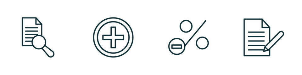 Poster - set of 4 linear icons from user interface concept. outline icons included search file, round add button, less percentage, written paper vector