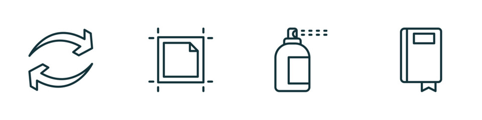 Poster - set of 4 linear icons from collection. thin linear concept. outline icons included synchronisation, artboard, spray paint, ribbon from a book vector