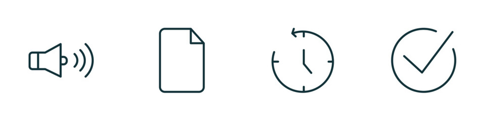 Poster - set of 4 linear icons from user interface concept. outline icons included round volume button, blank file, anti clockwise, tick box vector