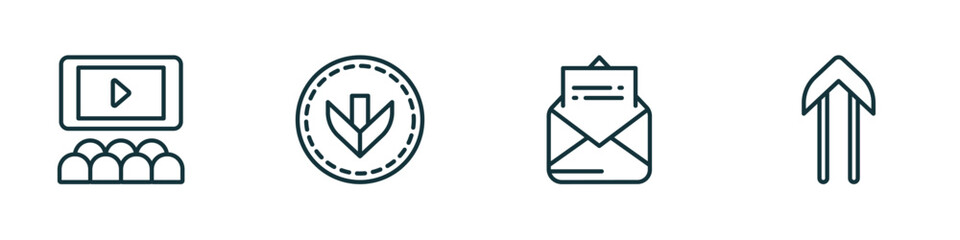 Poster - set of 4 linear icons from user interface concept. outline icons included hall, bottom arrows, open envelope, slim up vector