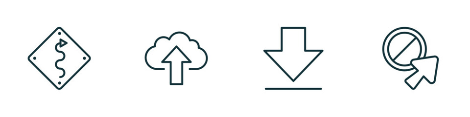 Poster - set of 4 linear icons from user interface concept. outline icons included curvy road warning, cloud upload, big download arrow, forbidden cursor vector