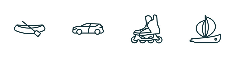 Poster - set of 4 linear icons from transportation concept. outline icons included dugout canoe, suv, inline 